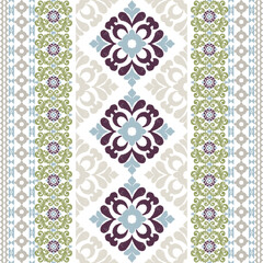 Blue, grey, and green ikat seamless pattern in oriental style, motif ethnic handmade, ikat ethnic tribal. Ikat vintage style. Designs for textiles, tiles, rugs, and elaborate borders.