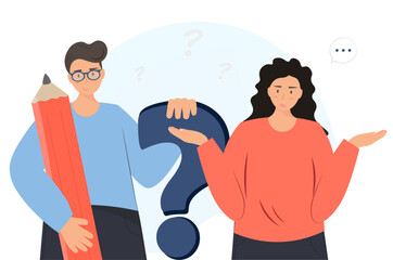 People trying to solve the problem, thinking, searching idea, trying to find a solution, brainstorming concept, flat vector illustration