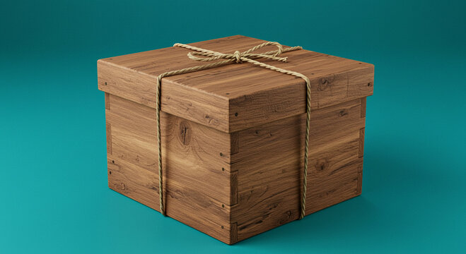 Wooden box with rope, isolated on turquoise background, concept of gift and surprise