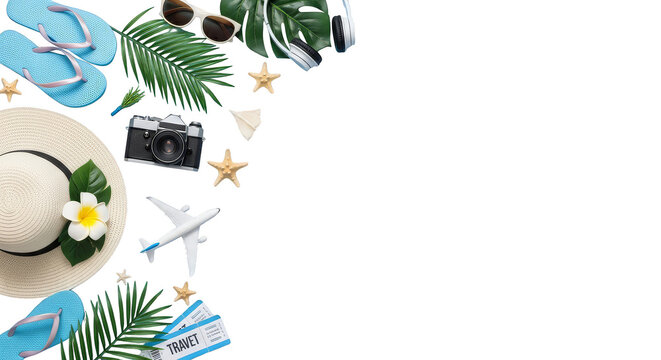 Travel essentials arranged on black background