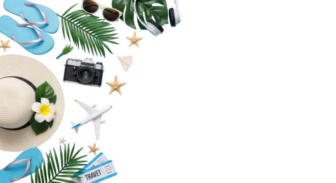 Travel essentials arranged on black background