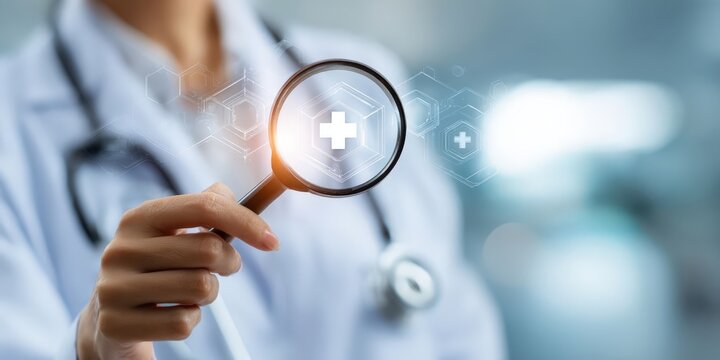 Medical Checkup Concept with Doctor Holding Magnifying Glass and Healthcare Icon