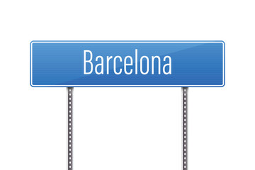 A blue sign indicating the direction to the city of Barcelona on a white background. The sign is supported by two gray metal poles with a dotted pattern.