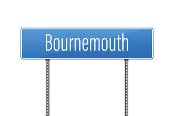 A blue sign with white text indicates the location of Bournemouth. The sign is mounted on two metal poles and set against a plain white background. The color is vibrant.