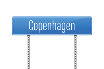 A blue street sign against a stark white background clearly displays the word Copenhagen, indicating it may be a location or boundary marker in Copenhagen, Denmark.