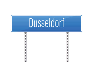 A glossy blue sign, supported by posts, displays the city name. The image has a crisp white background, creating a clean and informative image about the city.