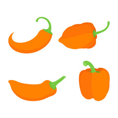 With Four Designs Orange Color Pepper Vector Design Bundle. Pepper Habanero Jalapeno Bell Serrano. Vector Illustration