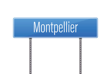 A vibrant blue road sign with white lettering displays "Montpellier" against a plain white backdrop. The sign is mounted on silver posts, indicating a city direction.
