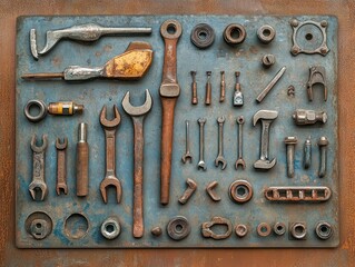 rusty metal tools, set of old tools on wood background, set of tools