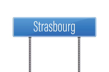 Image shows the blue Strasbourg city limit sign with a clean, minimalist design. The sign is presented on a white background, enhancing the clarity and focus on the text.