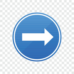 A blue circular sign with a clear white arrow pointing right against a transparent backdrop. It's a minimalistic and universally understood direction sign.