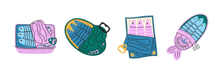 Cartoon Sardines Cans Set. Funny Doodle Fish Packaging Stickers Collection. Colorful Seafood Tin Labels. Doodle Sardine Cans Vector Set. Hand Drawn Colorful Fish Funny Sardine Tin Cans. Tuna, salmon, 
