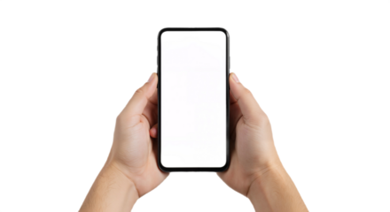 Hands Holding Sleek Smartphone with Minimalist Design Against White Background.