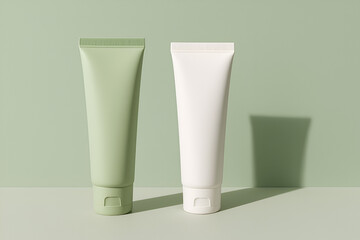 Two minimalist tubes standing upright, pale green background, brandless, modern flat shadows