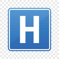A square blue sign displays a white 'H', typically used to indicate the location of a healthcare facility, such as a clinic, doctor's office, or hospital.