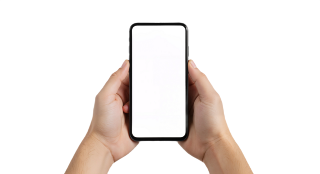 Hands Holding Sleek Smartphone with Minimalist Design Against White Background.
