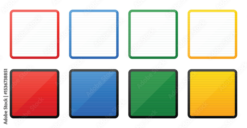 Poster a collection of eight square template frames in vibrant colors. top row features lined paper, bottom
