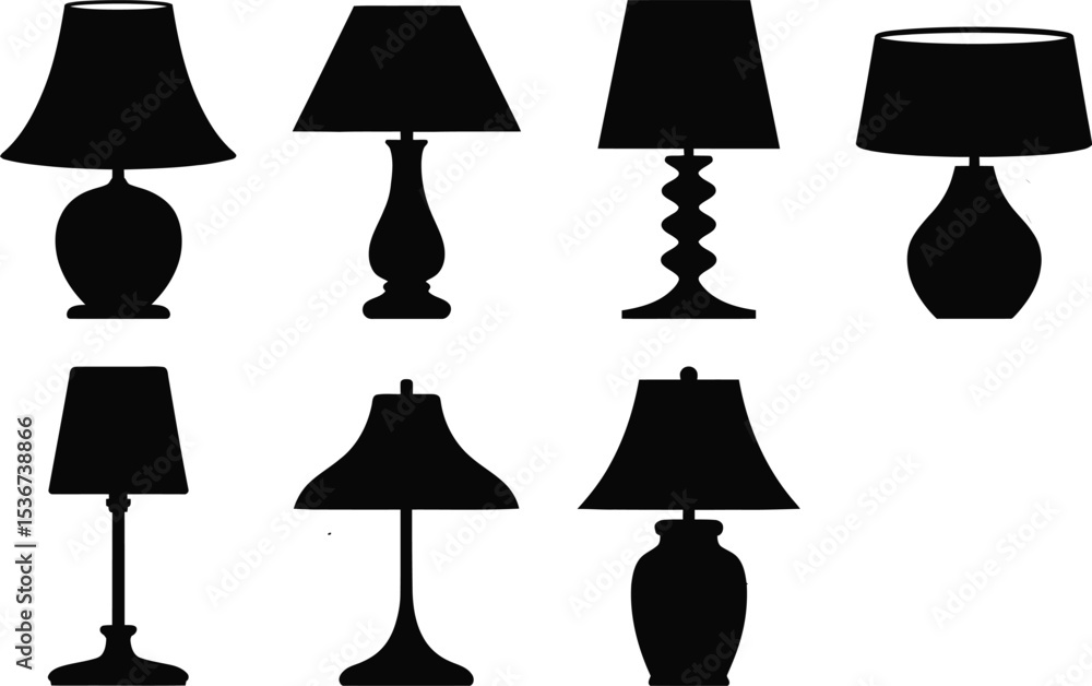 Poster collection of table lamp silhouettes with various shapes and styles on a white background