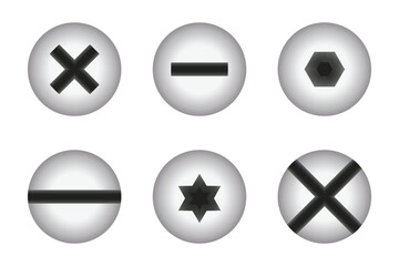 This image displays an assortment of screw head designs, commonly utilized in fastening applications. Each screw head type offers distinct advantages for different purposes.
