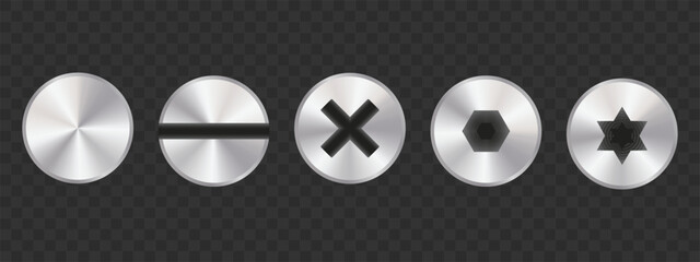 A lineup of screw head types shown in detail, including slotted, Phillips, hexagon, and star drive varieties, set against a translucent dark background. 