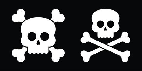 A stark black background hosts two stylized white skull and crossbones icons, evoking themes of danger and adventure in a minimalist graphic design style.