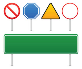An array of traffic signs in various shapes and colors stands against a white background. Including prohibition, octagon regulatory sign, hazard, and green sign. © Dave