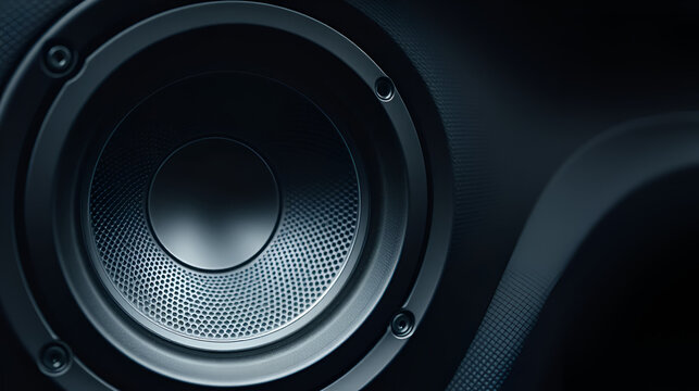 Stylish car audio acoustic round speaker with waffle grill protector cover closeup. Modern music black background texture