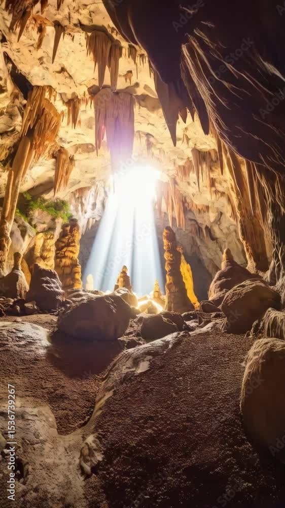 Poster sunlight streams into cave illuminating rock formations and stalactites creating an atmospheric scen