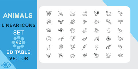 A set of 42 editable vector linear icons depicting various animals, including birds, insects, mammals, and aquatic life. Simple, clean style.