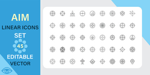 Collection of 45 editable vector linear icons depicting various aim and target symbols, ideal for websites or apps. Includes crosshairs, bullseyes and more.