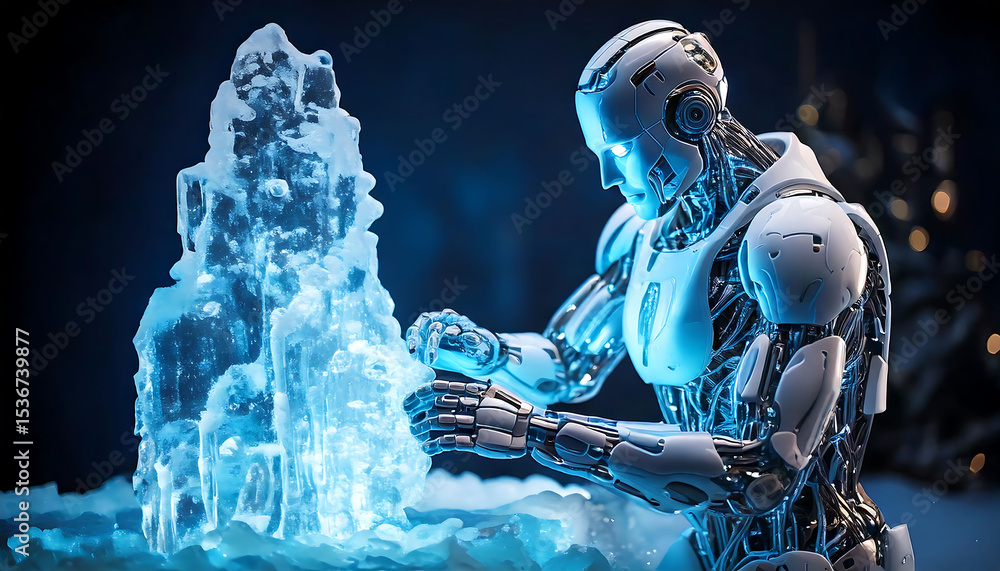 Aufkleber stunning 3d render of a futuristic robot interacting with a glowing ice sculpture. perfect for scien