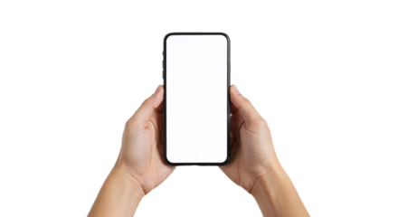 Hands Holding Sleek Smartphone with Minimalist Design Against White Background.
