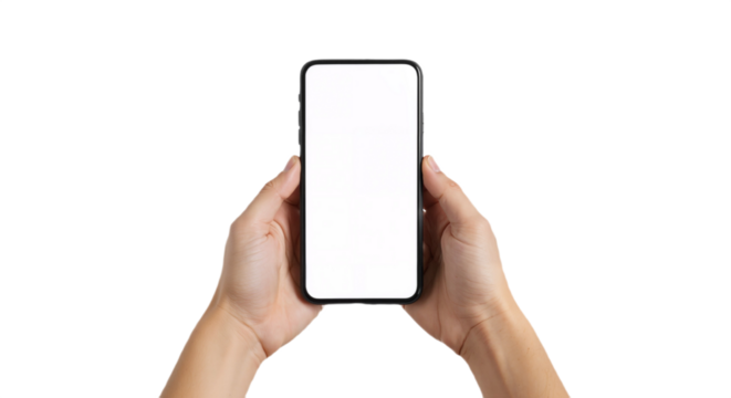 Hands Holding Sleek Smartphone with Minimalist Design Against White Background.