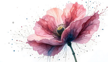 Fototapeta premium A breathtaking watercolor painting of a vibrant pink poppy, highlighting its delicate, layered petals and striking seed pod, with artistic splatters on a pure white background.
