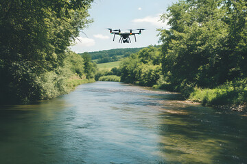 Drone Technology in Action Collecting Water Samples From a River  
