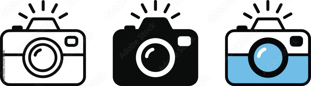 Poster three camera icons in different styles outline filled and colored with flash symbol