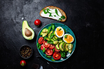Healthy Breakfast with Avocado, Egg, and Tomato on a Plate