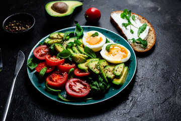Healthy Breakfast with Avocado, Egg, and Tomato on a Plate