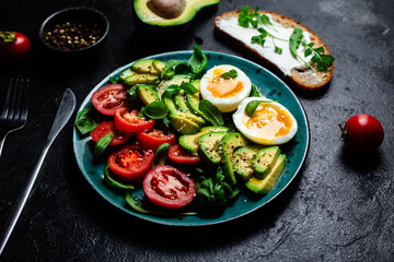 Healthy Breakfast with Avocado, Egg, and Tomato on a Plate