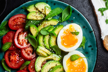 Healthy Breakfast with Avocado, Egg, and Tomato on a Plate