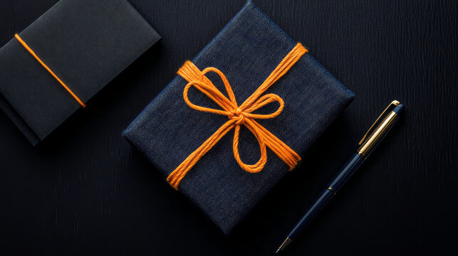 A dark blue  gift box with an orange knotted string wrapped , notebook and pen on a dark background