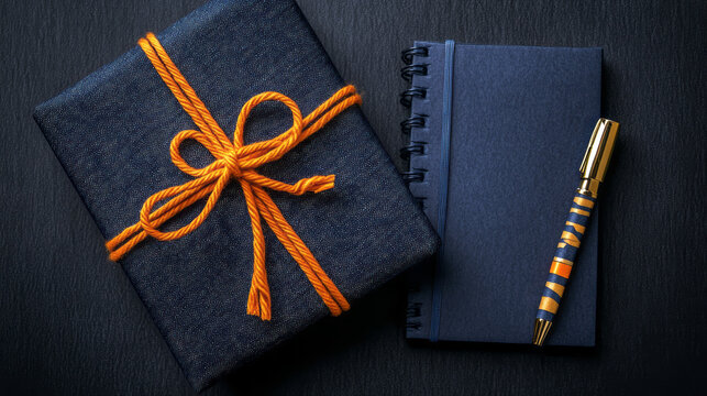 A dark blue  gift box with an orange knotted string wrapped , notebook and pen on a dark background