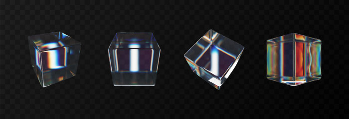Vector set of 3D cubes with dispersion effect png. Glass cube from different sides png. Dispersion effect.