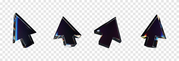 Vector set of 3D arrows with dispersion effect png. Glass arrow or cursor from different sides png. Dispersion effect.