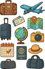 set of various, colorful icons on the theme of travel and summer, for various designs