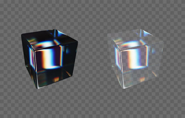Vector set of 3D cubes with dispersion effect png. Glass cube from different sides png. Dispersion effect.