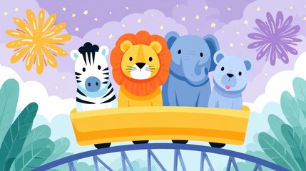 Naklejka premium July 4th Carnival Fun: Colorful Vector Scene with Mascots, Cotton Candy, and Fireworks Celebrating Independence Day