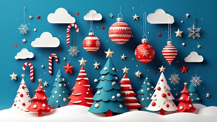 Festive Paper Christmas Trees and Ornaments on Blue Background