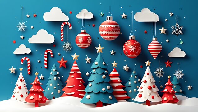 Festive Paper Christmas Trees and Ornaments on Blue Background