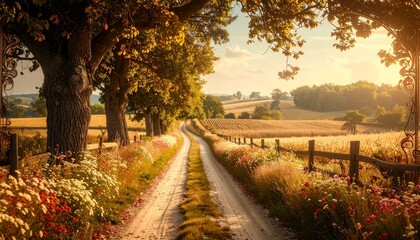 Naklejka premium Delightful country road adorned with colorful wildflowers in a vintage poster style artwork